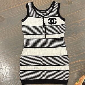 CHANEL Monochrome Striped Knit Dress/Swim coverup
